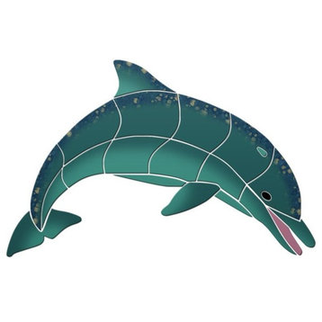 Down Swimming Dolphin Ceramic Swimming Pool Mosaic 24"x15", Teal