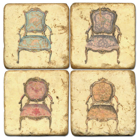 Tumbled Marble Coaster St/4 With Coaster Stand, French Chairs