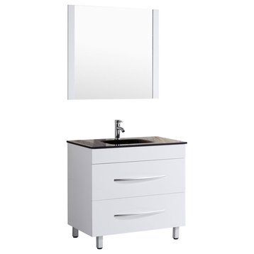Style 4, 36"W White Vanity Sink Base Cabinet, Mirror, LV4-36W