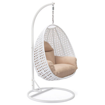 LeisureMod White Wicker Hanging Egg Chair With Stand and Cushion, Beige