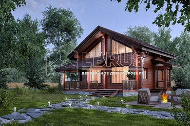 Design ideas for a mid-sized traditional two-storey red house exterior in Moscow with a gambrel roof and a metal roof.