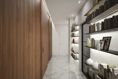 Ispirazione per un ingresso o corridoio moderno di medie dimensioni con pareti grigie, pavimento in marmo, pavimento bianco, soffitto ribassato e boiserie