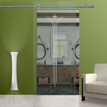 Sliding Barn Glass Door With Frosted Design & Faceted Stone V2000, 40"x81", T-Handle Bars