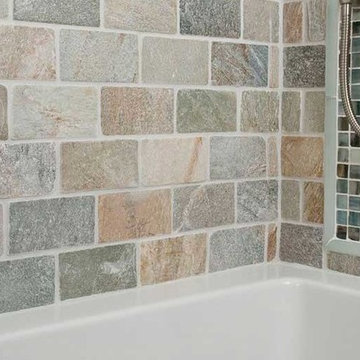Stone Subway Brick with Recycled Glass Mosaic Shower