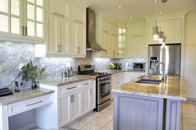 Large elegant u-shaped open concept kitchen photo in Toronto with a double-bowl sink, shaker cabinets, white cabinets, multicolored backsplash, stainless steel appliances, an island, granite countertops and stone tile backsplash