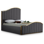 Meridian Furniture - Jolie Black Velvet King Bed, Gray, Queen - Transform your bedroom into a dream haven with the breathtaking Jolie grey velvet queen bed. Featuring a stunning polished gold metal frame that supports grey velvet upholstery on the headboard and footboard with channel tufting for texture, this sleek bed not only commands your attention, it demands it. The wavy design of the headboard and footboard evokes a dramatic image reminiscent of a boat rolling on the waves at sea, promising to lull you to sleep and reward you with a night of pleasant dreams.