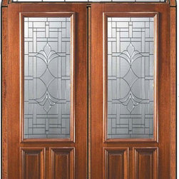 Prehung Transom Double Door 96 Wood Mahogany Marsala 2/3 Lite Glass - Front Doors