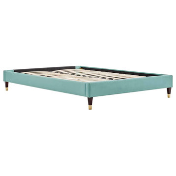 Queen Size Platform Bed, Minimalist Design With Velvet Upholstered Frame, Mint