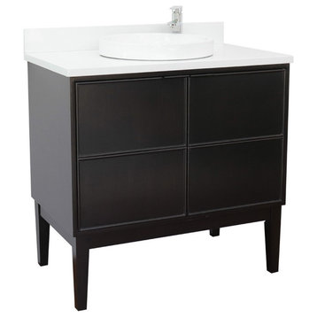 37" Single Vanity, Cappuccino Finish With White Quartz Top And Round Sink