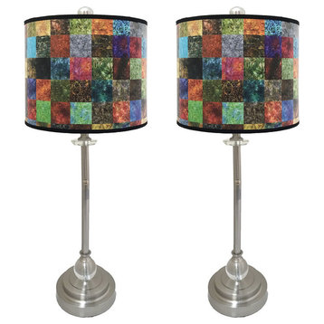 28" Crystal Buffet Lamp With Colorful Patchwork Shade, Brushed Nickel, Set of 2