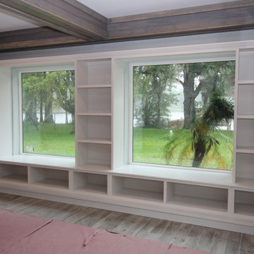 Built-In Custom Open Window Seat, Cabinets, Tall Open Bookcases