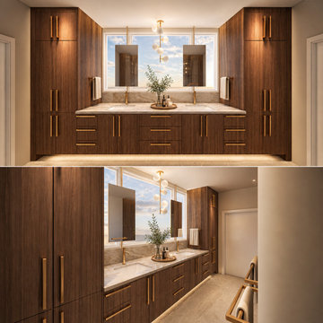Walnut double vanity primary bathroom with brass fixtures, backlit mirrors and m