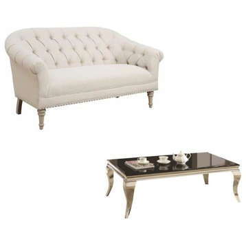2 Piece Set Tufted Loveseat in Oatmeal and Coffee Table in Chrome