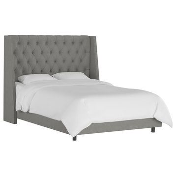 Williams Twin Nail Button Wingback Bed, Linen Gray