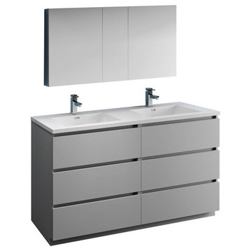 Lazzaro 60" Gray Double Sink Vanity Set, Versa Faucet, Brushed Nickel
