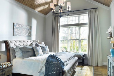 Design ideas for a mid-sized master bedroom in Nashville with grey walls, dark hardwood floors and no fireplace.