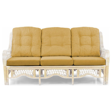 Malibu Handmade 3-Seater Sofa ECO Natural Rattan Wicker, White Wash, Light Brown Cushions