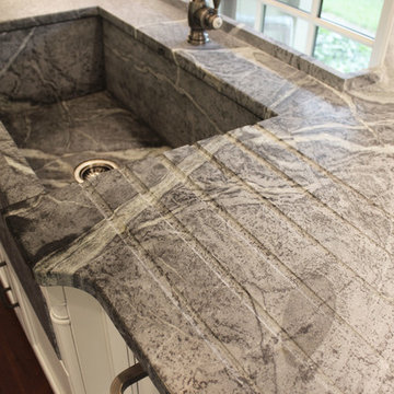 White Cabinets, Grey Countertops and Edgy Tile Backsplash
