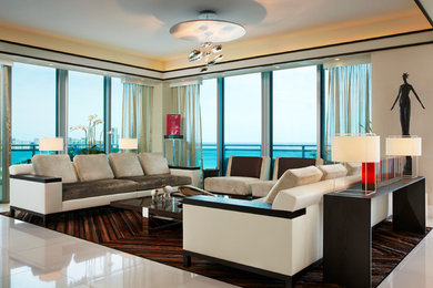 Beach style living room photo in New York