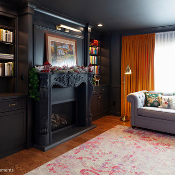 Monochromatic Fireside Elegance: A Radiant Transformation with Built-in Shelving