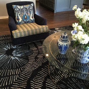 Blue and white Transitional Family Room