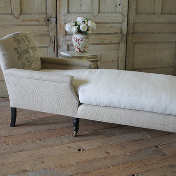 Antique Style Chaise Longue with Antique German Feed Sack Upholstery