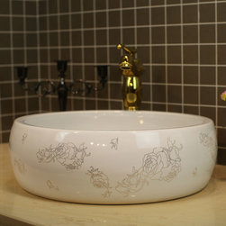 Gold outlined rose painted ceramic sink - Bathroom Sinks
