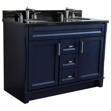 48" Double Sink Vanity, Blue Finish With Black Galaxy Granite And Oval Sink
