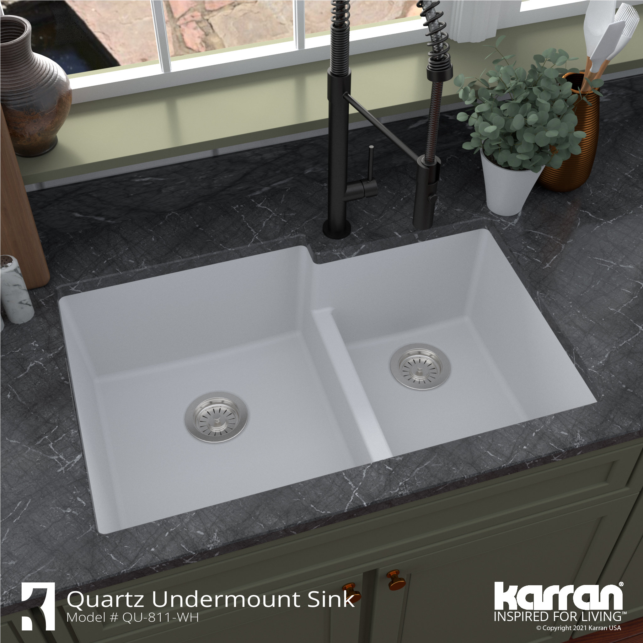 Karran 32" Undermount Large/Small Bowl Quartz Kitchen Sink, White