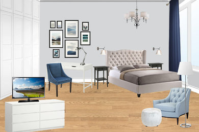 Источник вдохновения для домашнего уюта: хозяйская спальня среднего размера в стиле неоклассика (современная классика) с серыми стенами и полом из ламината