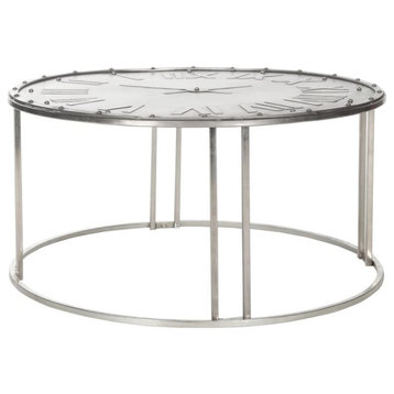 Unique Coffee Table, Metal Frame and Clock Motif Round Top With Roman Numbers
