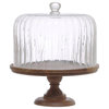12 Inches Round Acacia Wood Pedestal With Fluted Glass Cloche, Natural, Set of 2