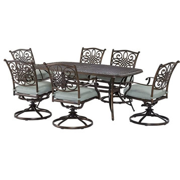 7 Pieces Patio Dining Set, Rectangular Aluminum Table and Swiveling Chairs, Mist