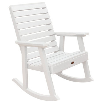Outdoor Rocking Chair, Slatted Seat and Back With Straight Arms, White