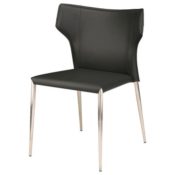 Wayne Dining Chair, Armless Side Chair, Leather Dining Chair, Brushed Steel, Bla