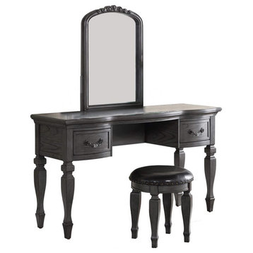 Benzara BM268886 3 Piece Vanity Set With Carved Mirror and Turned Legs, Gray