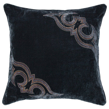 Stella Boot Stitch Faux Silk Velvet Pillow, 22"x22", Midnight Blue, 1 Piece