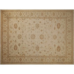 Bareens Designer Rugs - Shabby Chic Ziegler Elinore Tan Brown Hand-Knotted Wool Rug - 9'10'' x 13'11'' - Enhance the ambiance of your home with this magnificent Persian-influenced Turkish hand-knotted rug made by skilled artisans capable of creating the most exceptional vegetable dyes and hand-spun wool. This exquisite handmade rug is a one-of-a-kind Peshawar Kafkaz, otherwise identified as Chobi, Chobi Peshawar, Oushak, or Ziegler rug. These handmade rugs are crafted in Pakistan utilizing superior-quality wool imported from Australia, New Zealand, and Korea in two types of weaves: the Persian weave and the Mori weave. This rug is meticulously crafted by hand using the finest natural vegetable dyes extracted from local plants. The artisans use a blend of hand-spun local and fine merino wool, resulting in a rug with a compelling texture, higher lanolin content, and longer staple. The artisans occasionally incorporate natural or artificial silk into the pile to enhance specific motifs. The finished product is an awe-inspiring execution of flawless design and an understated palette that exudes elegance.