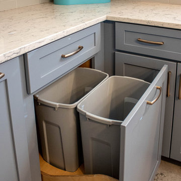 Two Tone  Medallion White and Blue Kitchen with Gray Backsplash
