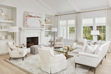 Living room - mid-sized transitional formal and open concept light wood floor, beige floor and shiplap ceiling living room idea in Charleston with white walls, a standard fireplace and a stone fireplace
