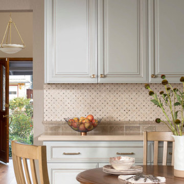 Country Chic Kitchen With Crema Marfil Backsplash Tile