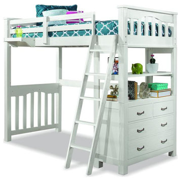 Highlands Loft Bed With Desk and Hanging Nightstand, Twin, White Finish
