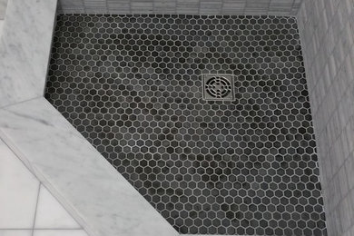 Inspiration for a small transitional 3/4 black tile, gray tile and mosaic tile mosaic tile floor corner shower remodel in Baltimore with gray walls