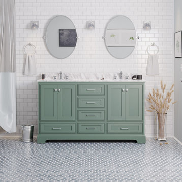 Harper 60" Bathroom Vanity, Sage Green, Carrara Marble, Double
