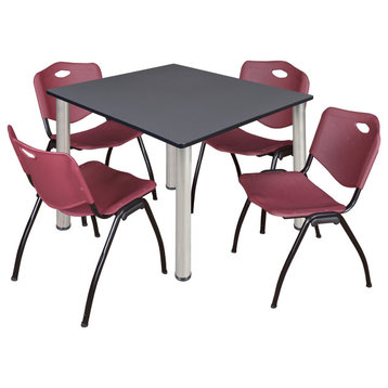 Kee 48" Square Breakroom Table- Grey/ Chrome & 4 'M' Stack Chairs- Burgundy