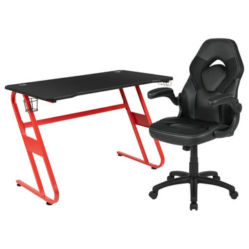 Gaming Desk & Chair Bundle, Detachable Cup Holder & PU Leather Seat, Black