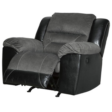 Contemporary Recliner Chair, Cushioned Faux Leather Seat With Track Arms, Grey