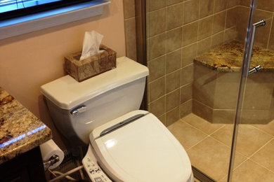 Small eclectic master brown tile and mosaic tile porcelain tile walk-in shower photo in Baltimore with an undermount sink, furniture-like cabinets, dark wood cabinets, granite countertops, a bidet and pink walls