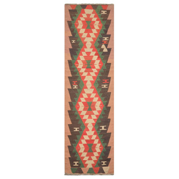 3'x12'6'' Hand Woven Wool Geometric Area Rug, Charcoal, Green Color
