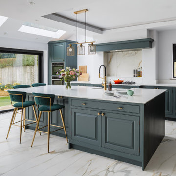 Dark Green and Brass In-Frame, Traditional Kitchen, with Mantle in Leeds